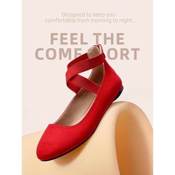 Dream Pairs Women Red Faux Suede Flats Comfortable Elastic Ankle Straps Shoes - Picture 3 of 8